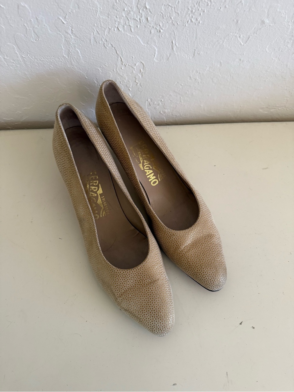Salvatore Ferragamo Beige Pointed-Toe Leather Low Heels